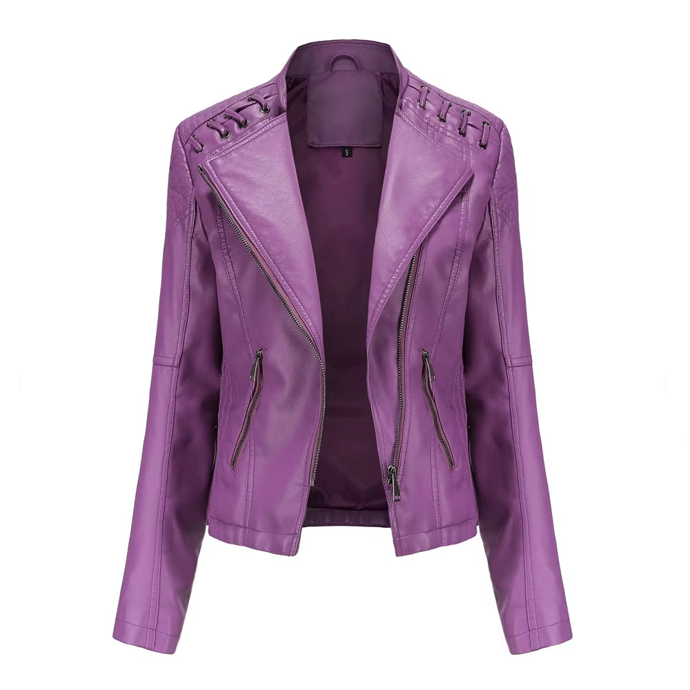 New Spring Autumn Women Faux Leather Jacket Pu Motorcycle Biker Purple Coat Slim Zipper Motorcycles Locomotive Outerwear 4XL